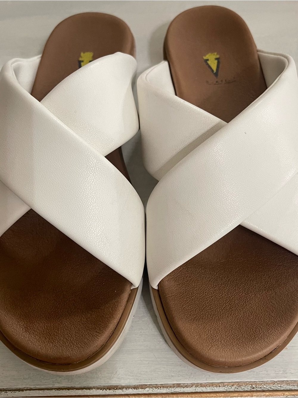 Volatile White Crossband Slide Sandals with Brown Footbed